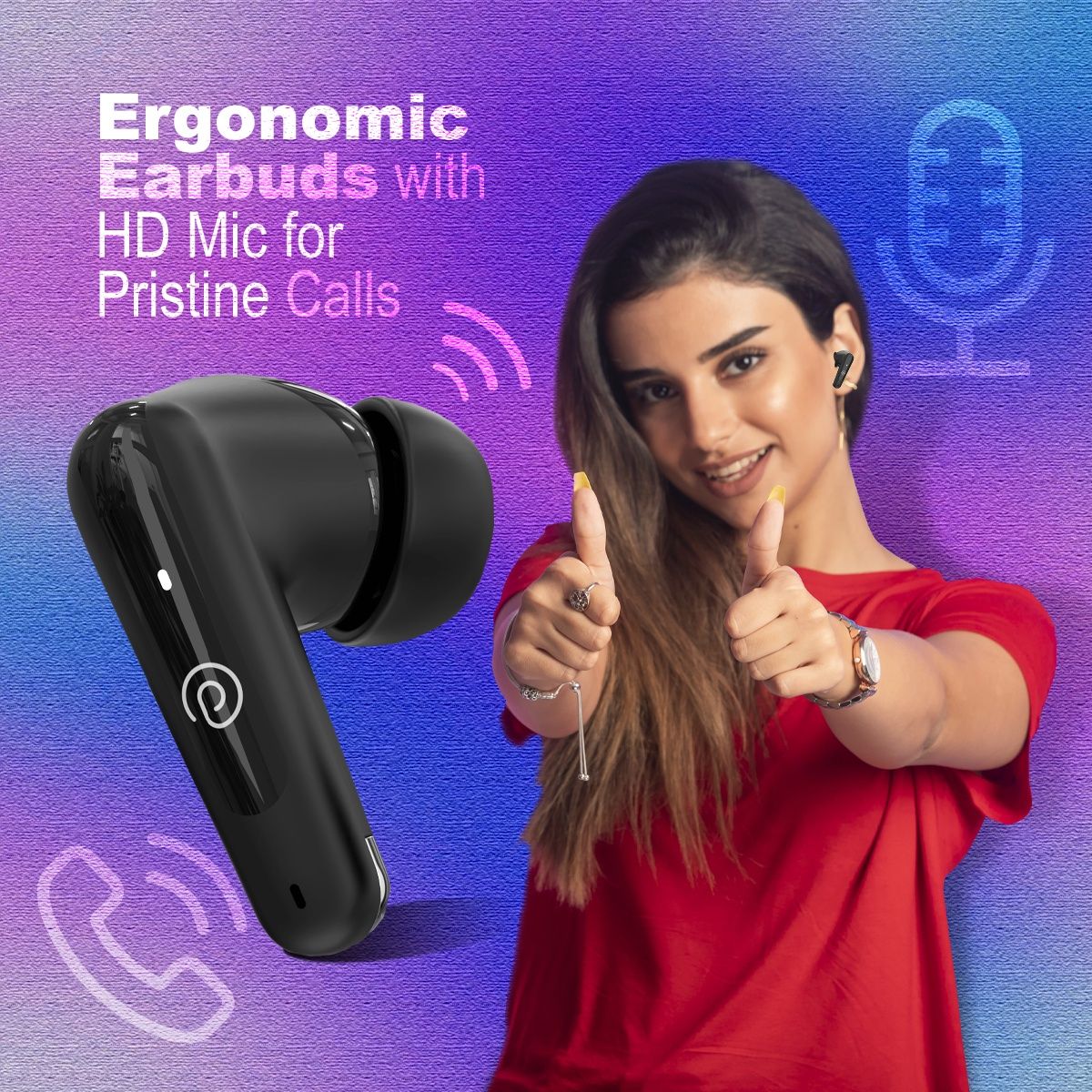 pTron Basspods Mojo TWS Earbuds | 34H Playtime | Clear Calls | Immersive Sound & Voice Assist- Black