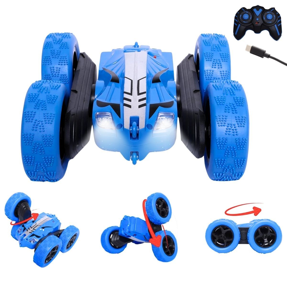Fablue Double Flip Remote Control Stunt Car For Kids - 360 Degree Rotating Car Toy - Blue