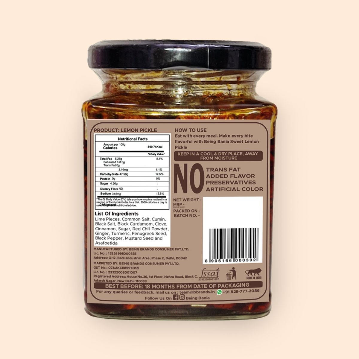 Being Bania Sweet Lemon Pickle with a flavor of Hing - Oil-free