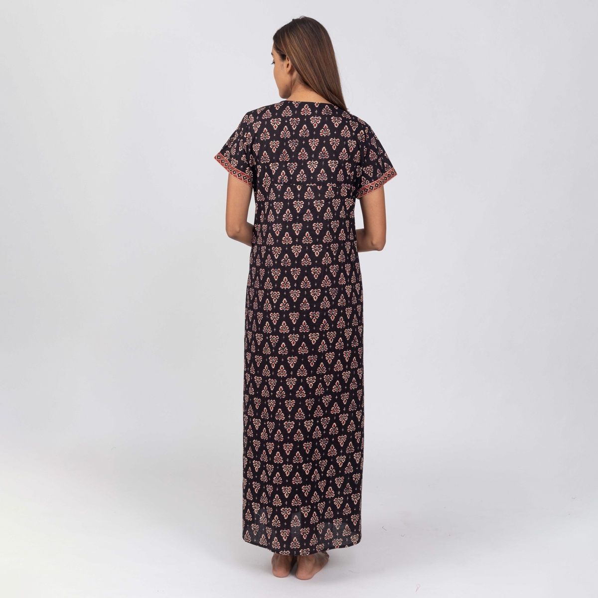 Nihsamah Women's Cotton Night Gown with Pockets | Full Length | Black - XXL