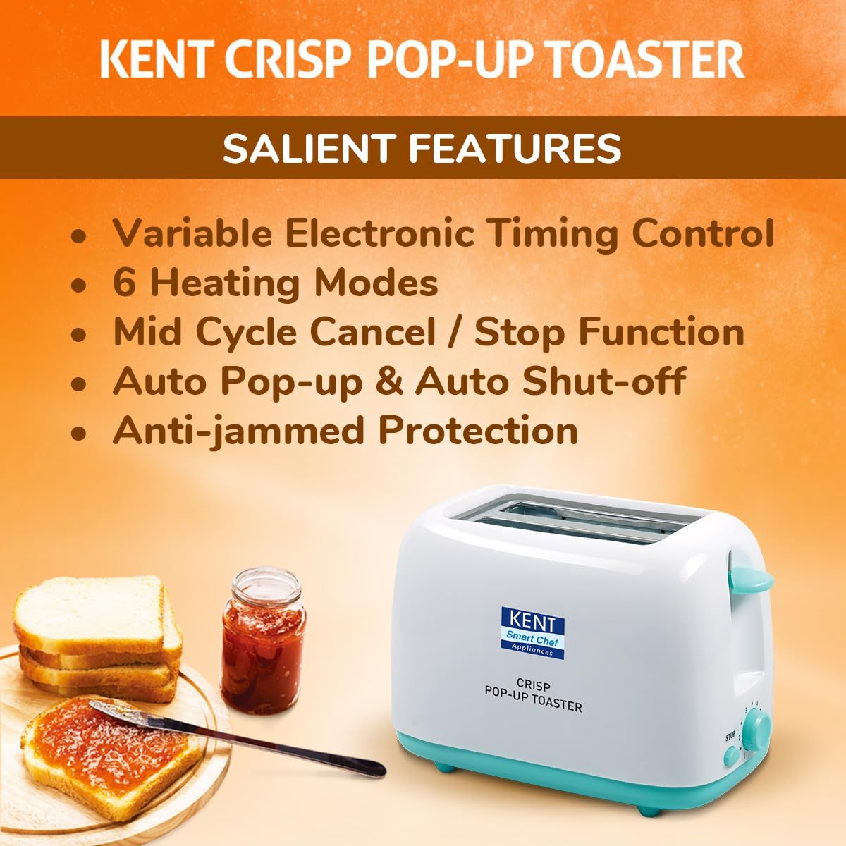 Kent 16105 Crisp Pop Up Toaster 750 Watts | 2 Slice Automatic Pop Up Electric Toaster --White