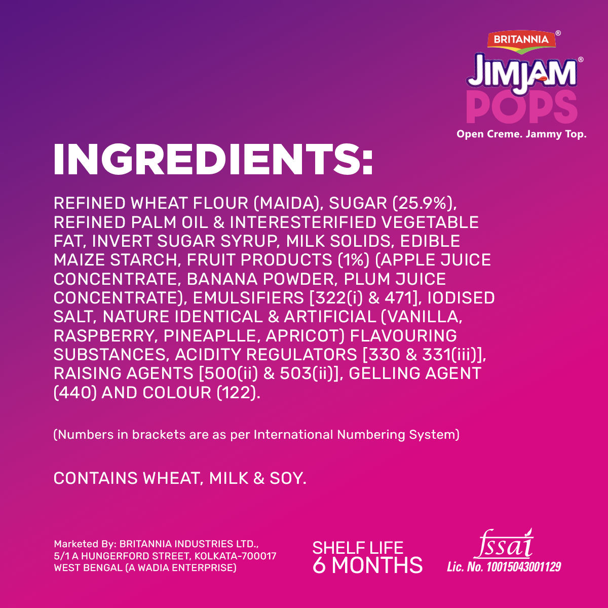 Britannia Jimjam Pops, Crunchy Cookie With Vanilla Crème And Jammy Center, Open Crème Biscuit