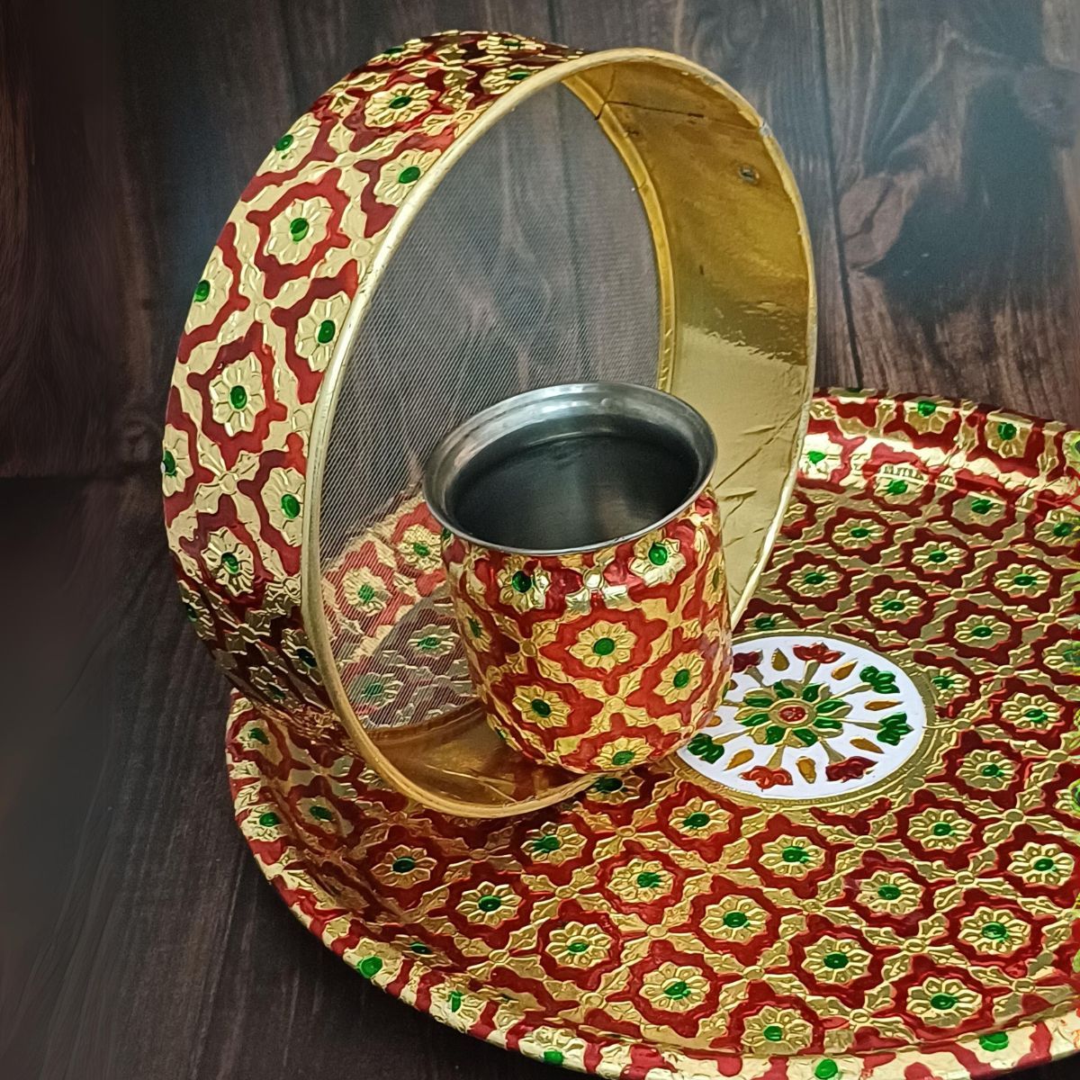 Gullak Karwa Chauth Thali Set - Red | Floral Motifs