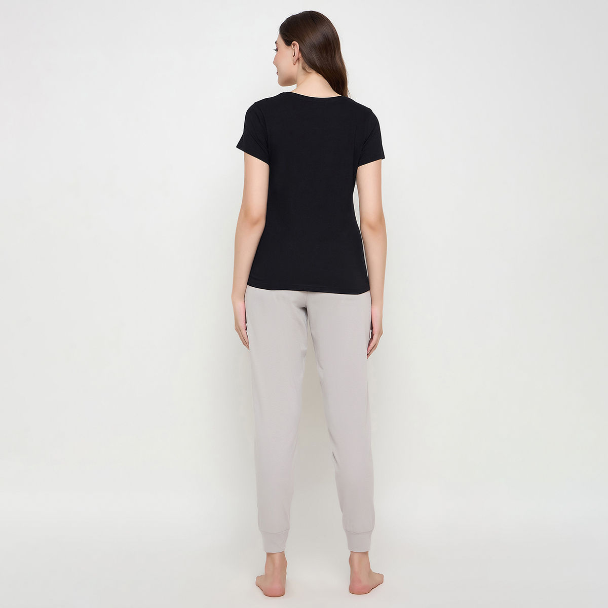 Clovia Dab Penguin Print Top & Solid Jogger Set - 100% Cotton(Black - S)