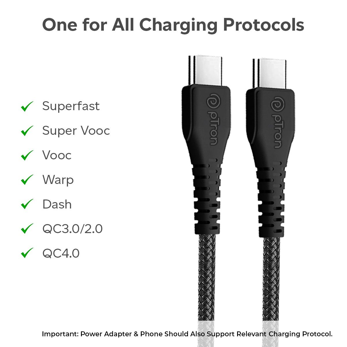 pTron Solero Braid 60W Cable Type C to Type C Fast Charging | 1m For Samsung, OnePlus, Oppo, Xiaomi - Black