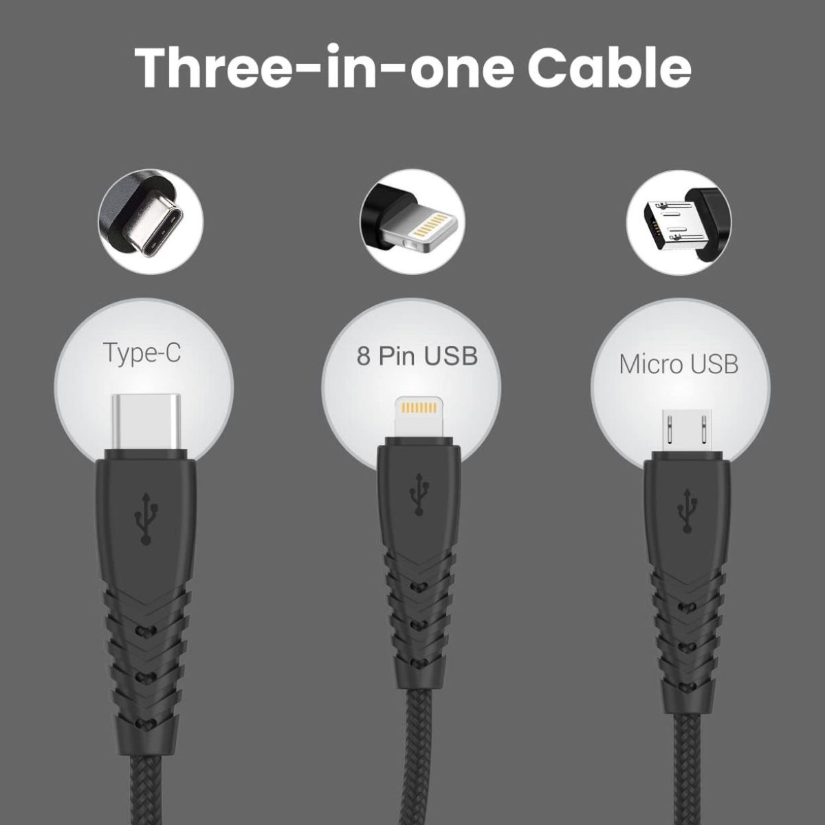 Portronics Konnect A Trio 3-In-1 USB Cable - Black | Braided and High-Speed | Fast Charging