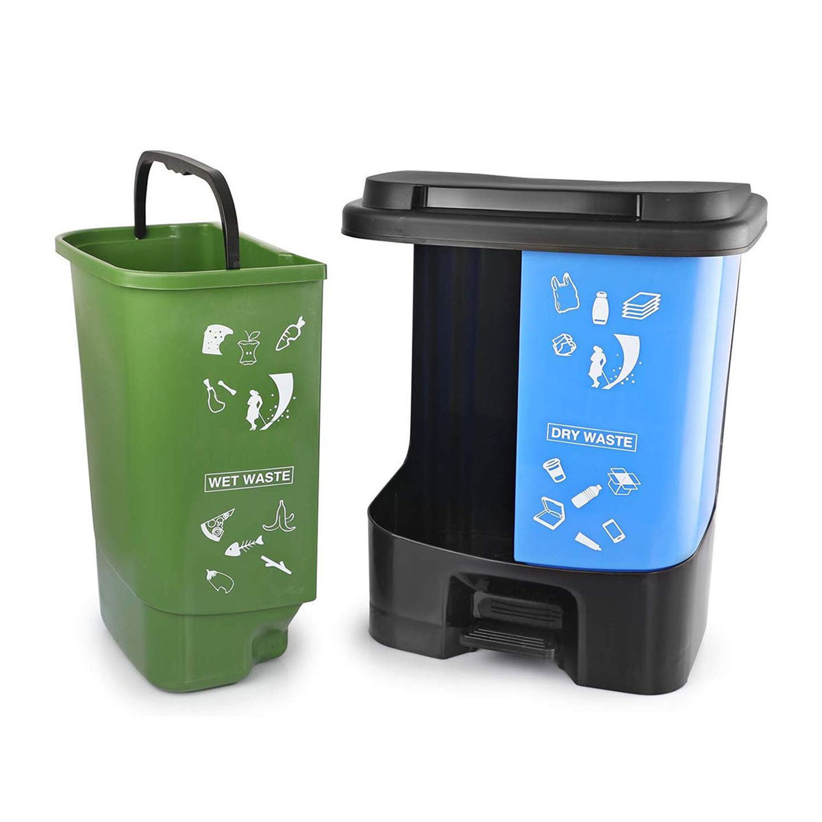 Cello Duo Plastic Step-On Pedal Dustbin for Wet and Dry Waste| | 35 Liters, Green and Blue