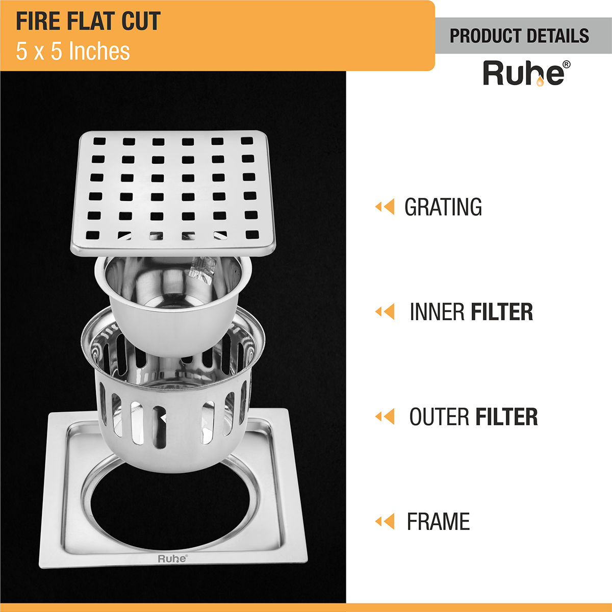 Ruhe Fire Square 304-Grade Floor Drain with Cockroach Trap (5 x 5 Inches)