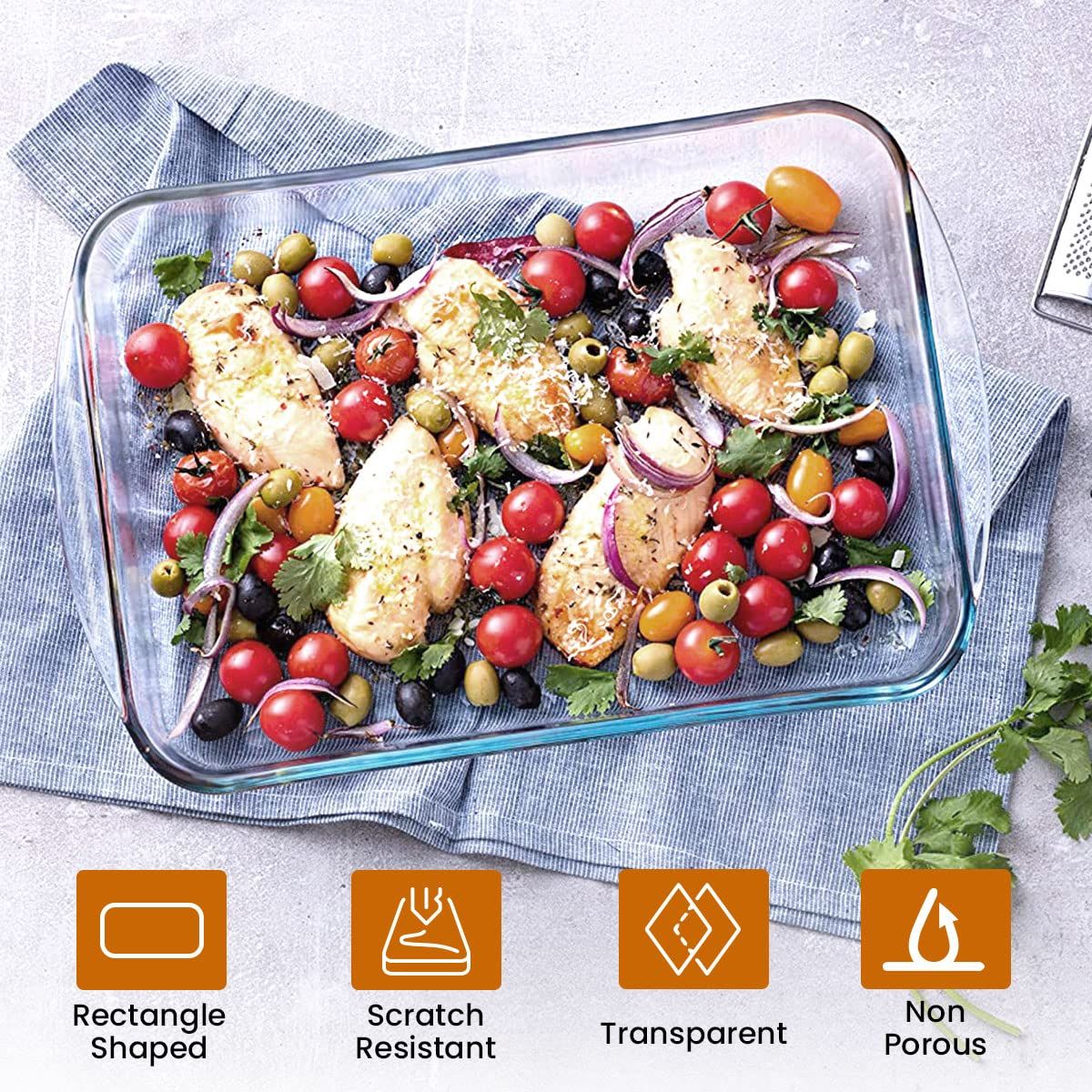 Agaro Elite Glass Baking Tray With Handle, Borosilicate Glass, Rectangle Shape, 1600ml