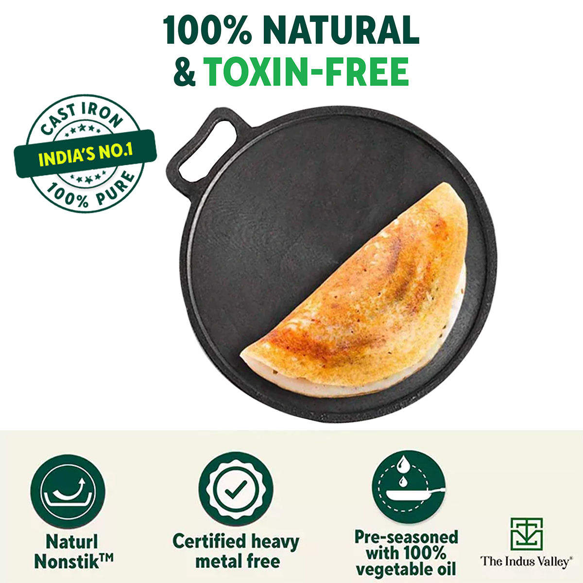 The Indus Valley Smooth Cast Iron Tawa for Dosa/Chapathi + Free Spatula | 30.5cm/12 inch, 3kg