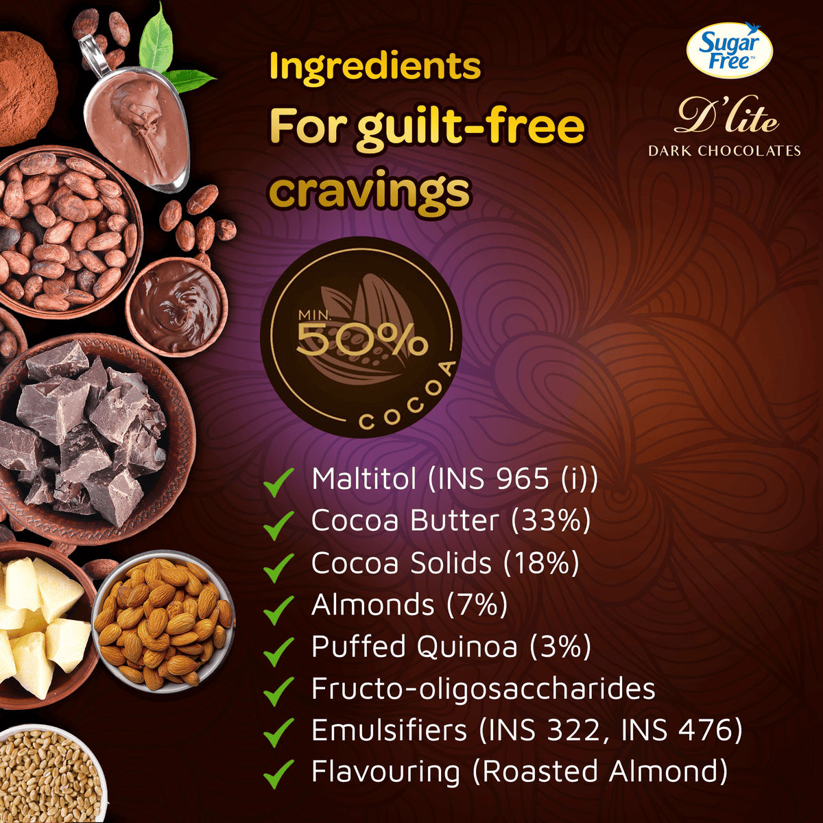 Sugar Free D'lite Quinoa & Almonds Dark Chocolate Bar 40 g Combo