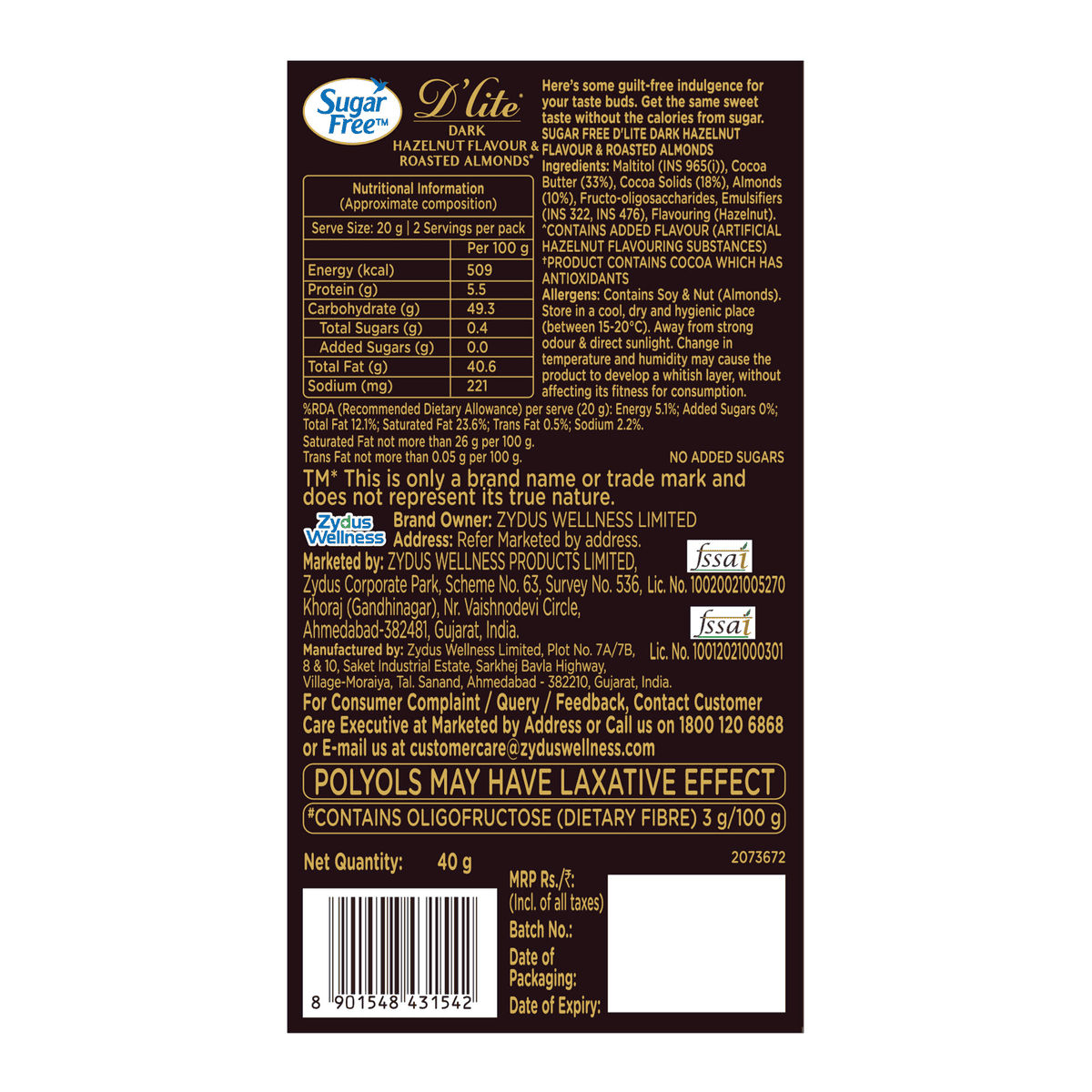 Sugar Free D'Lite Dark Chocolate Bar - Hazelnut & Roasted Almonds(40gms) & Sugar Free D'Lite Quinoa & Almonds Dark Chocolate Bar(40gms) Combo