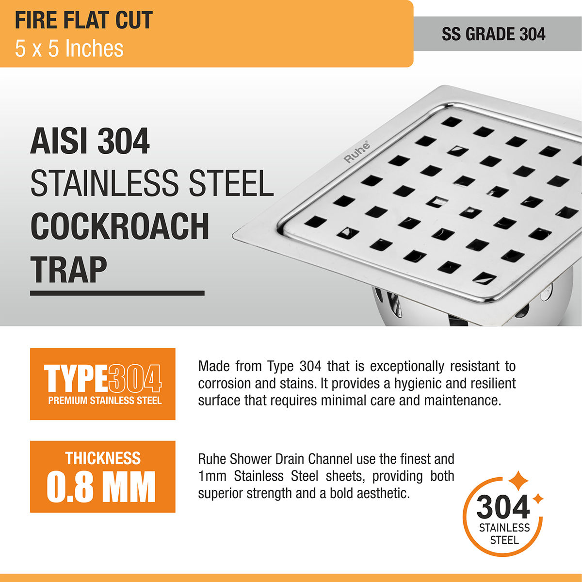 Ruhe Fire Square 304-Grade Floor Drain with Cockroach Trap (5 x 5 Inches)