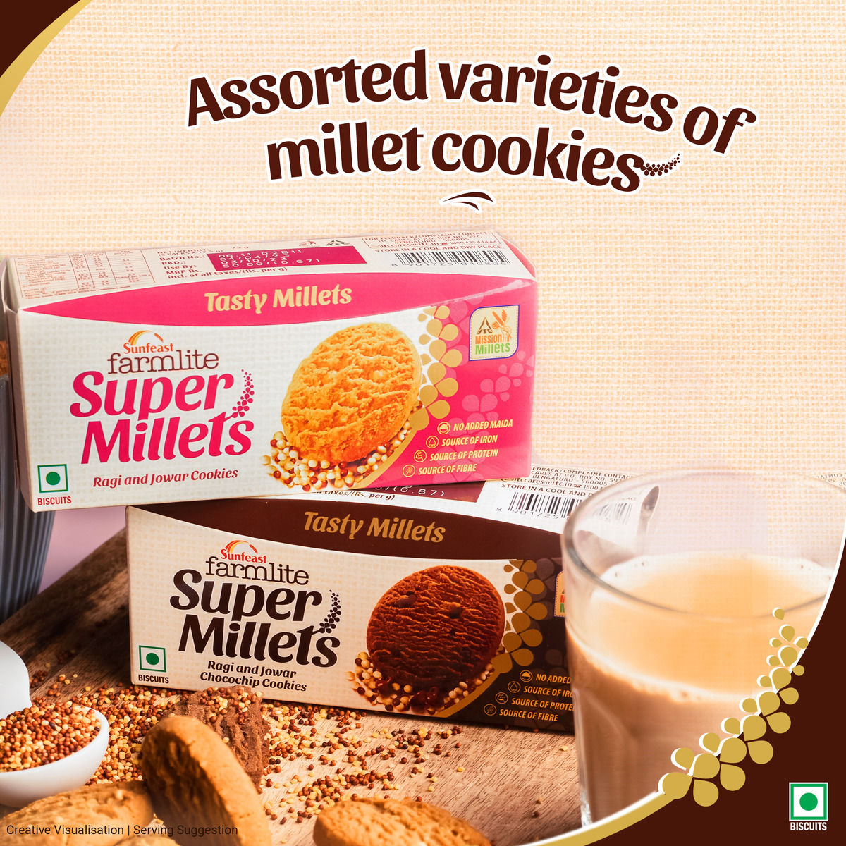 Sunfeast Farmlite Super Millets Ragi and Jowar Chocochip Cookies,Delightfully Tasty & Crunchy