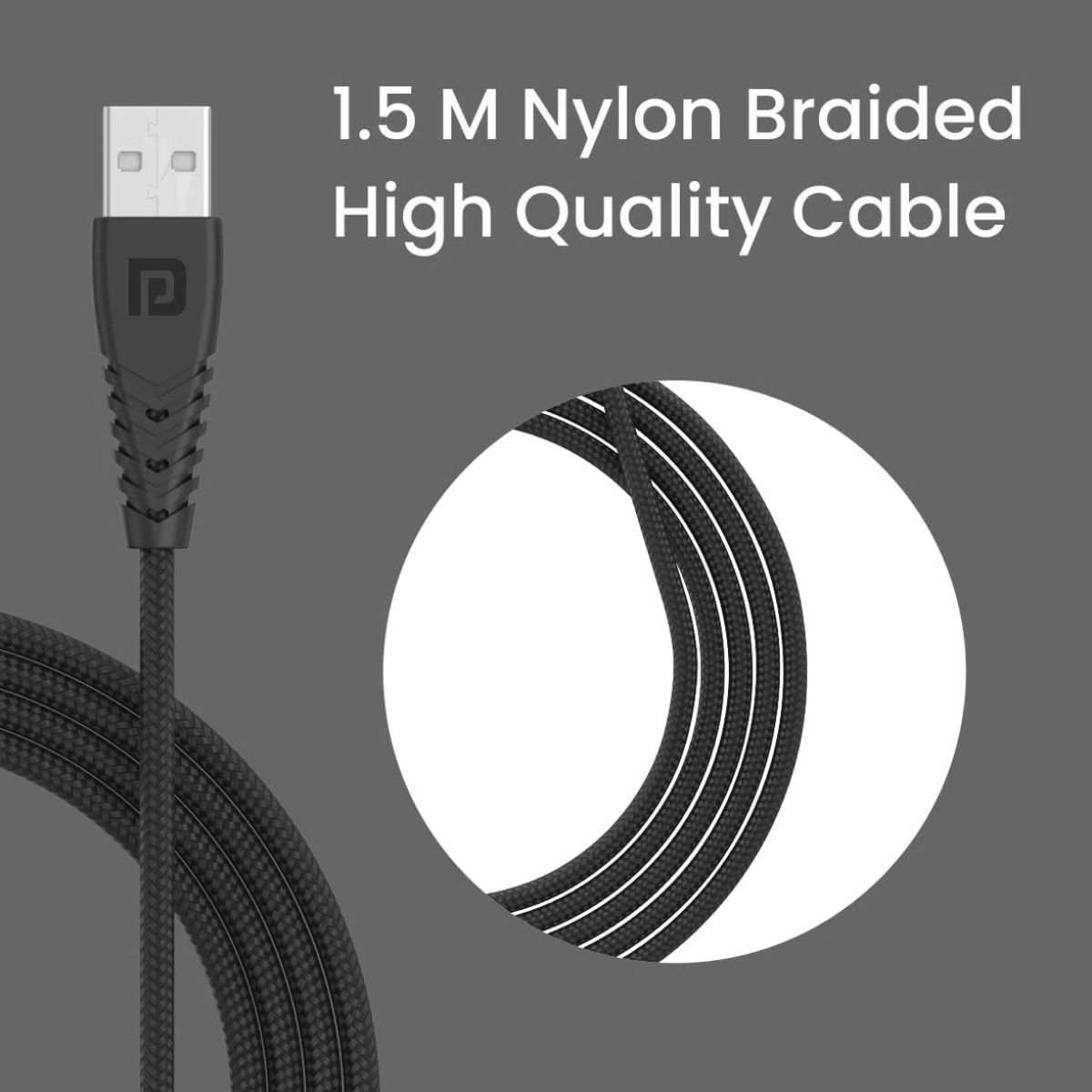 Portronics Konnect A Trio 3-In-1 USB Cable - Black | Braided and High-Speed | Fast Charging