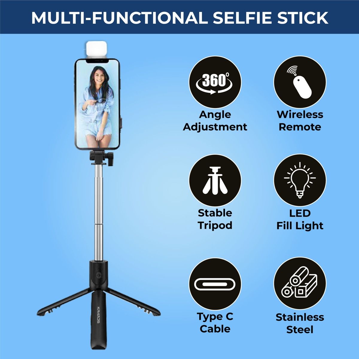 Kratos Multi Purpose Selfie Stick with Tripod Stand| Rechargable LED Light with 2 Brighness Levels (70 cm Length)