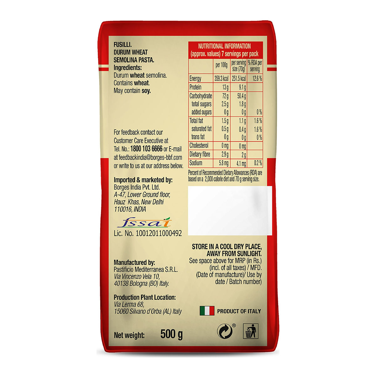 Borges Durum Wheat Fusilli Pasta 500 g Combo
