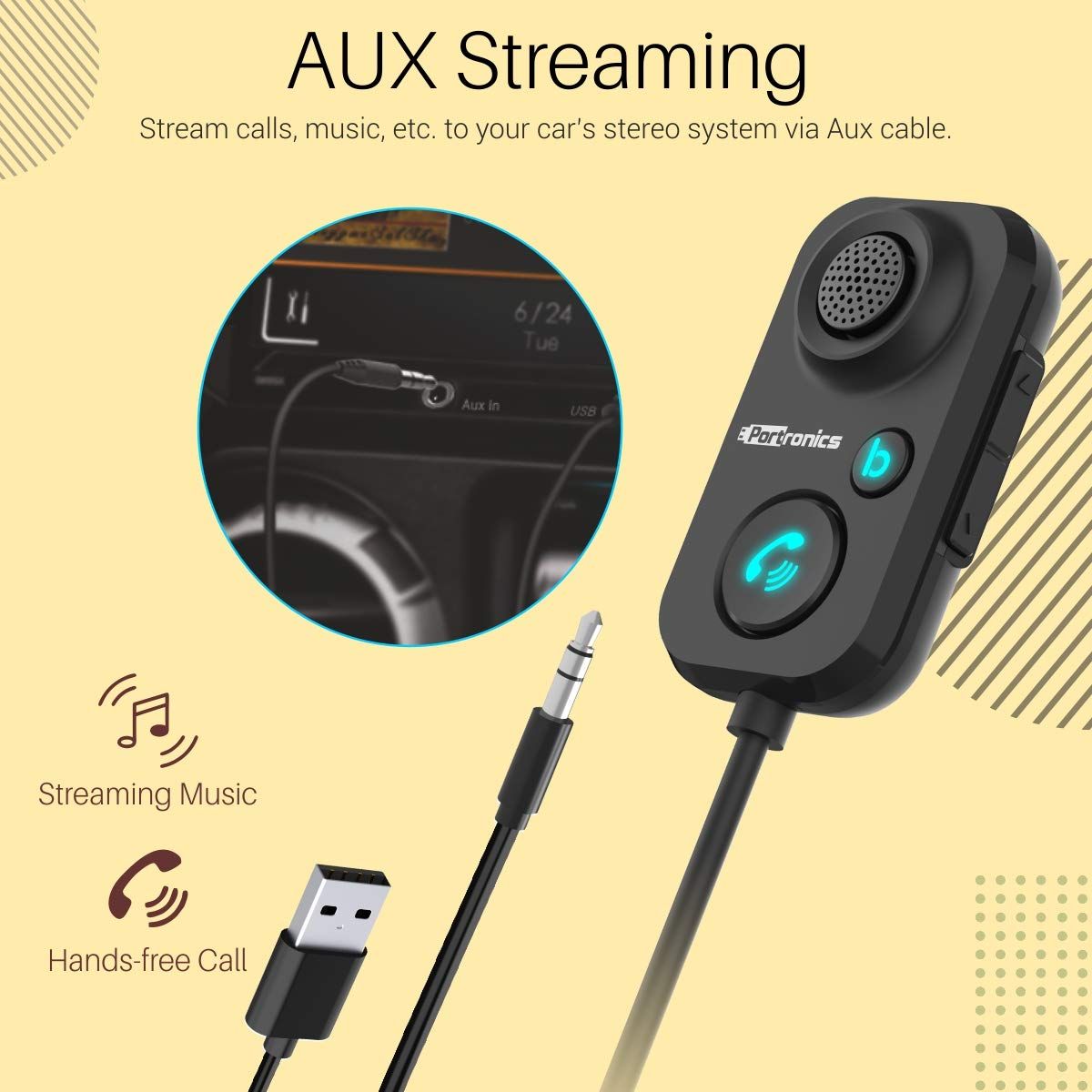 Portronics AUTO 12 in-Car Bluetooth Receiver for Handsfree Calling, Music System(Black)