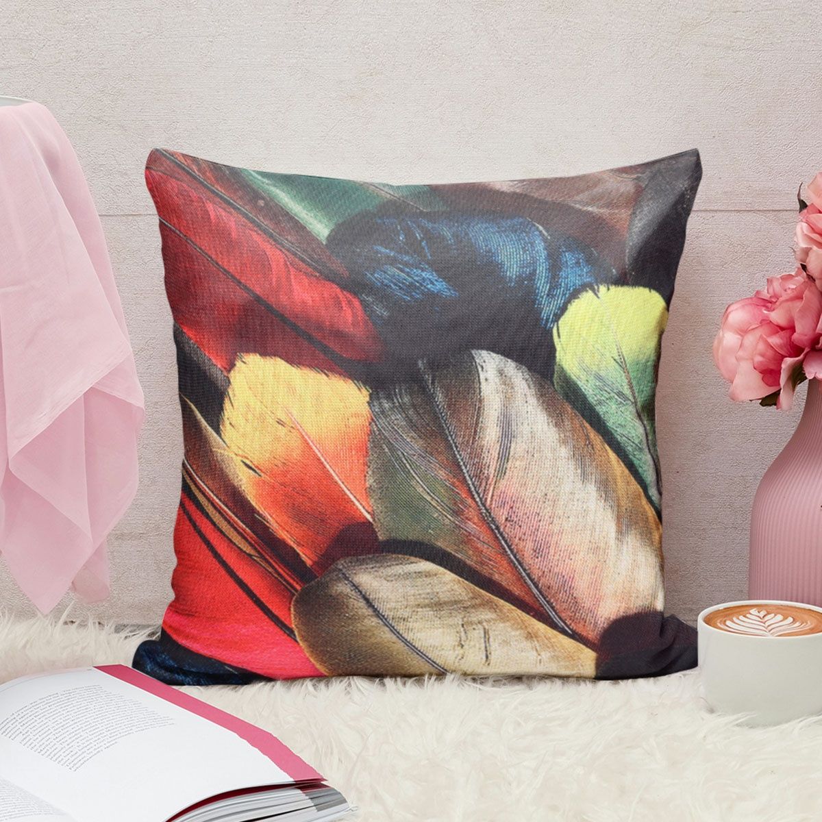 Romee Soft Jute Bird Feather Print Cushion Covers 40 x 40cm Set of 5 | Multicolor