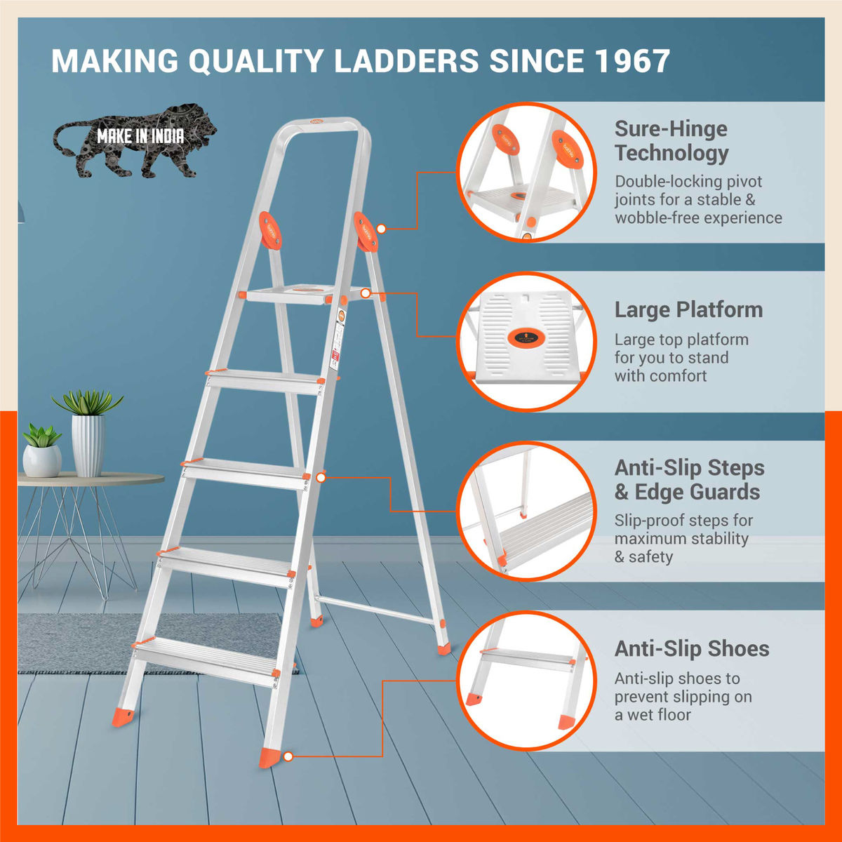 Bathla 5-Step Aluminium Foldable Ladder | Anti-Slip,Heavy Duty,Scratch Resistant | Advance | Orange