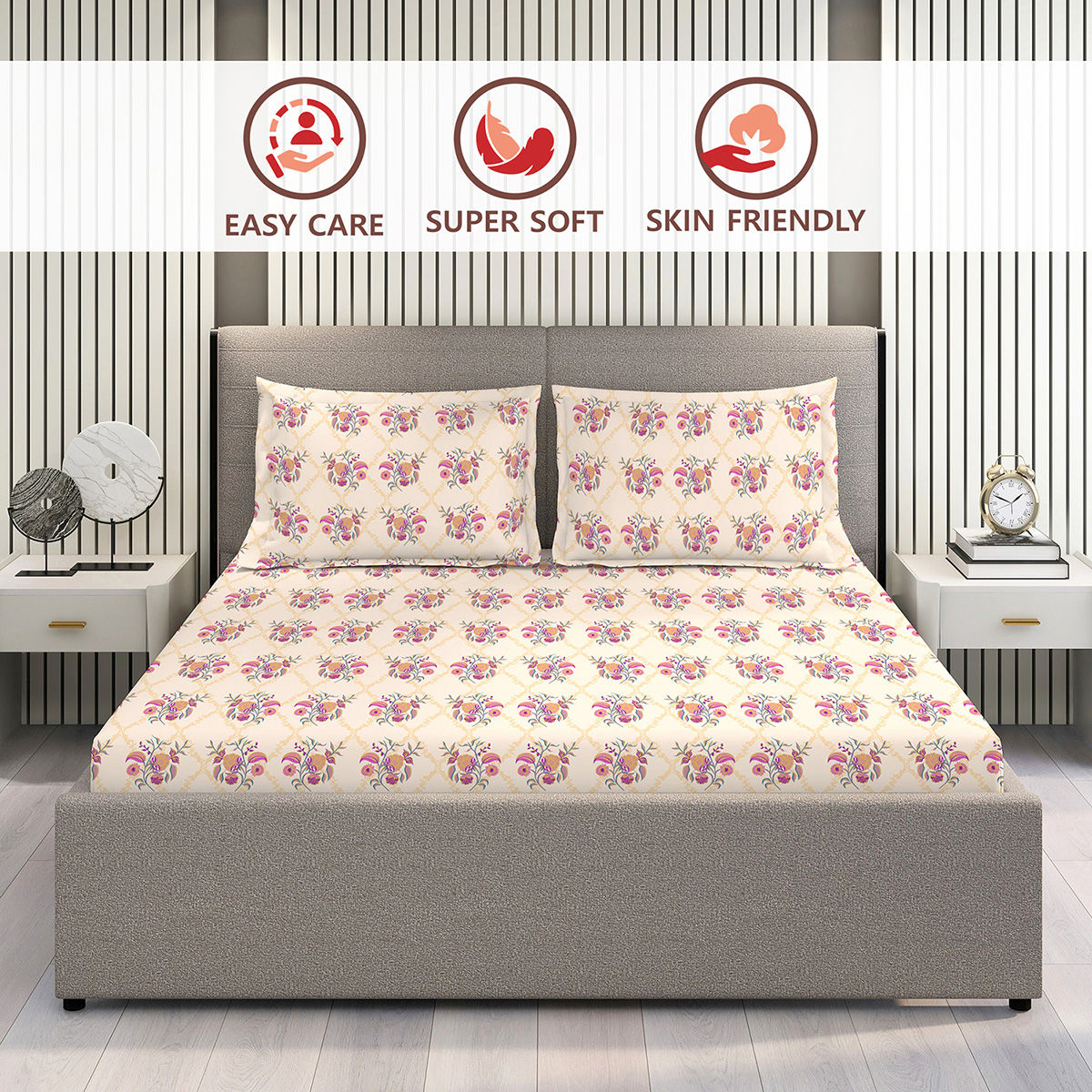 Layers Lumina Floret 100% Cotton 144 TC Pink King Bedsheet with 2 Pillow Covers