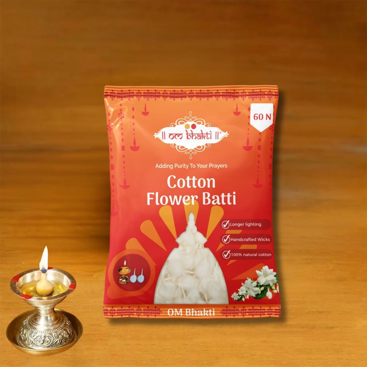 Om Bhakti Cotton Flower Batti 60 pc Combo