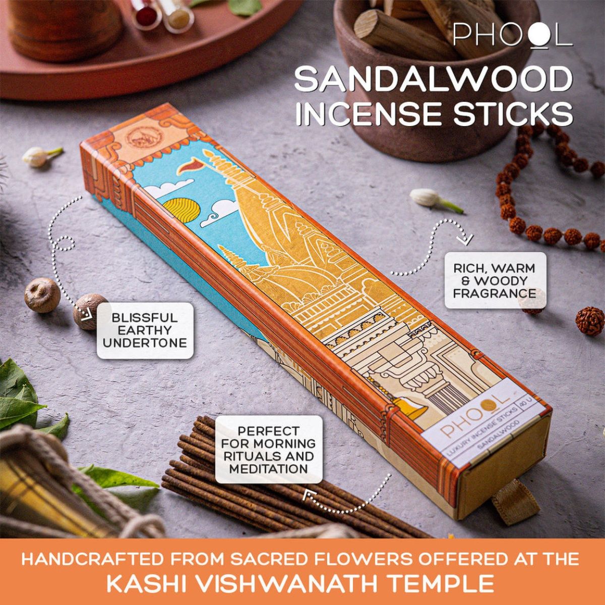 Phool Kashi Vishwanath Sandalwood Agarbatti - Made From Temple Flowers