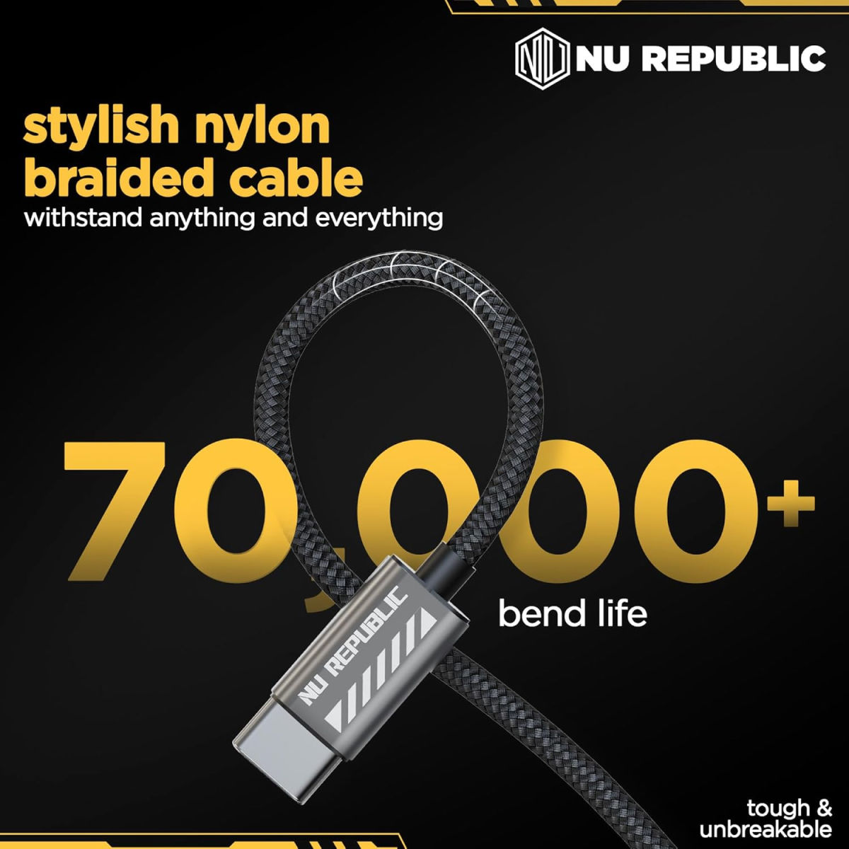 Nu Republic Blaze Flash 65W 1.25M Type-C To Type-C Fast Charging Data Cable - Grey