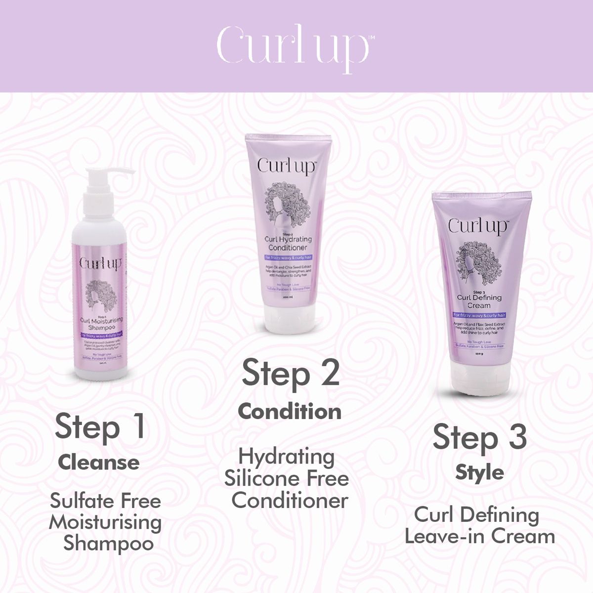 Curl Up Curl Care Bundle With Curly Hair Shampoo, Conditioner And Leave In Curl Defining Cream