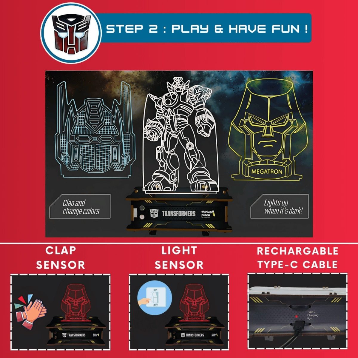 ThinkerPlace Transformers Smart Lamp DIY Kit | Build & Play with Sensor-Activated Lamp (Age 6+)