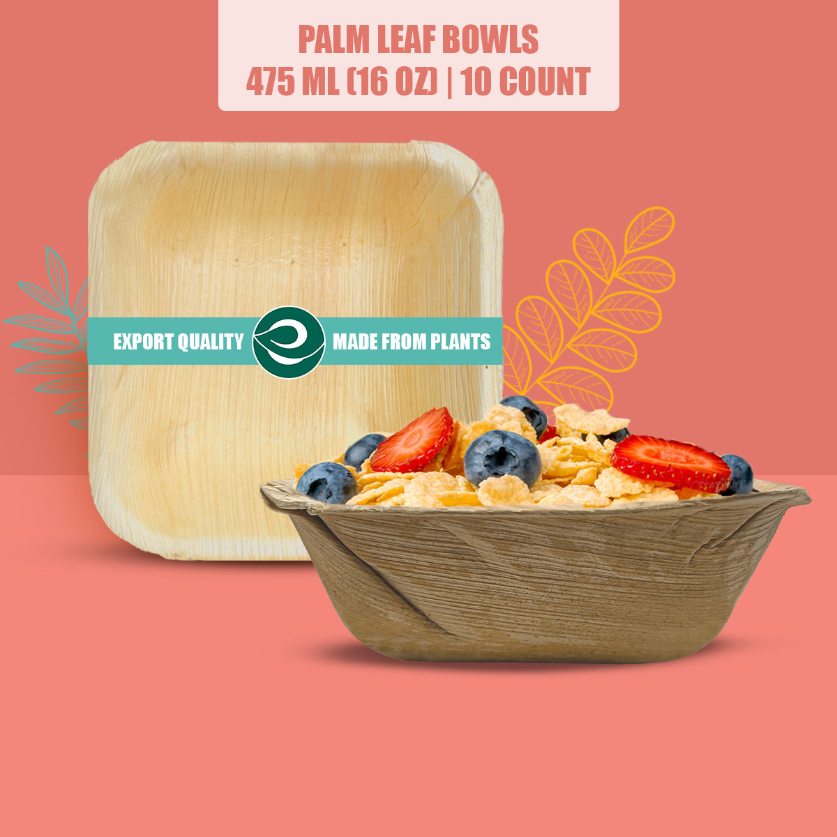 Eco Soul 500 ml Square | 10 Count | Palm Leaf Bowl