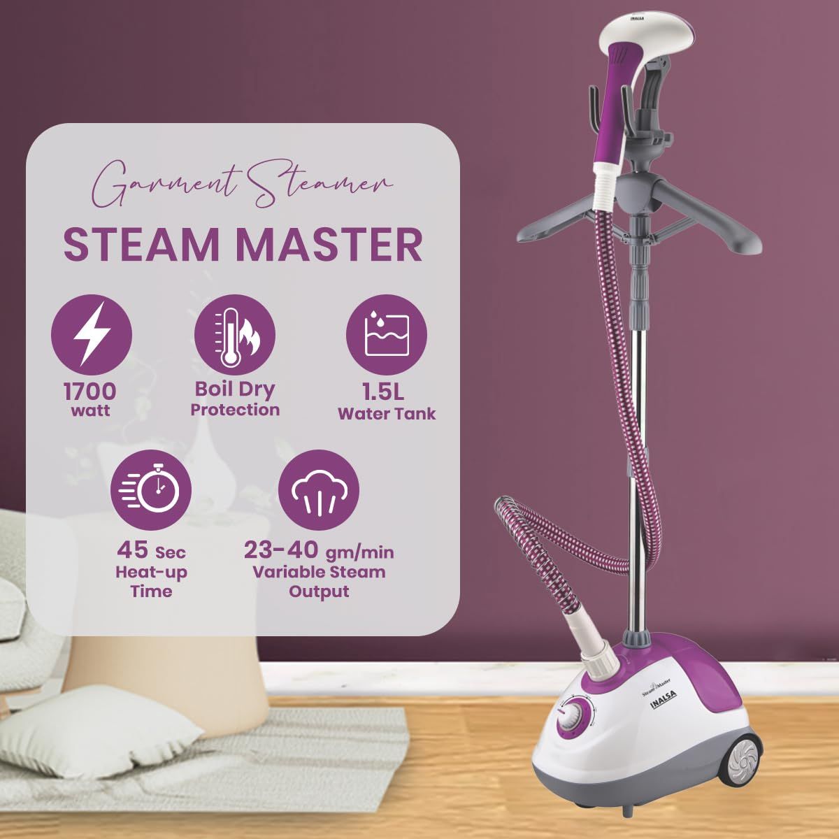 INALSA Standing Garment Steamer Steam Master 1700 W,Variable Control Knob,1.5L Detachable Large Tank