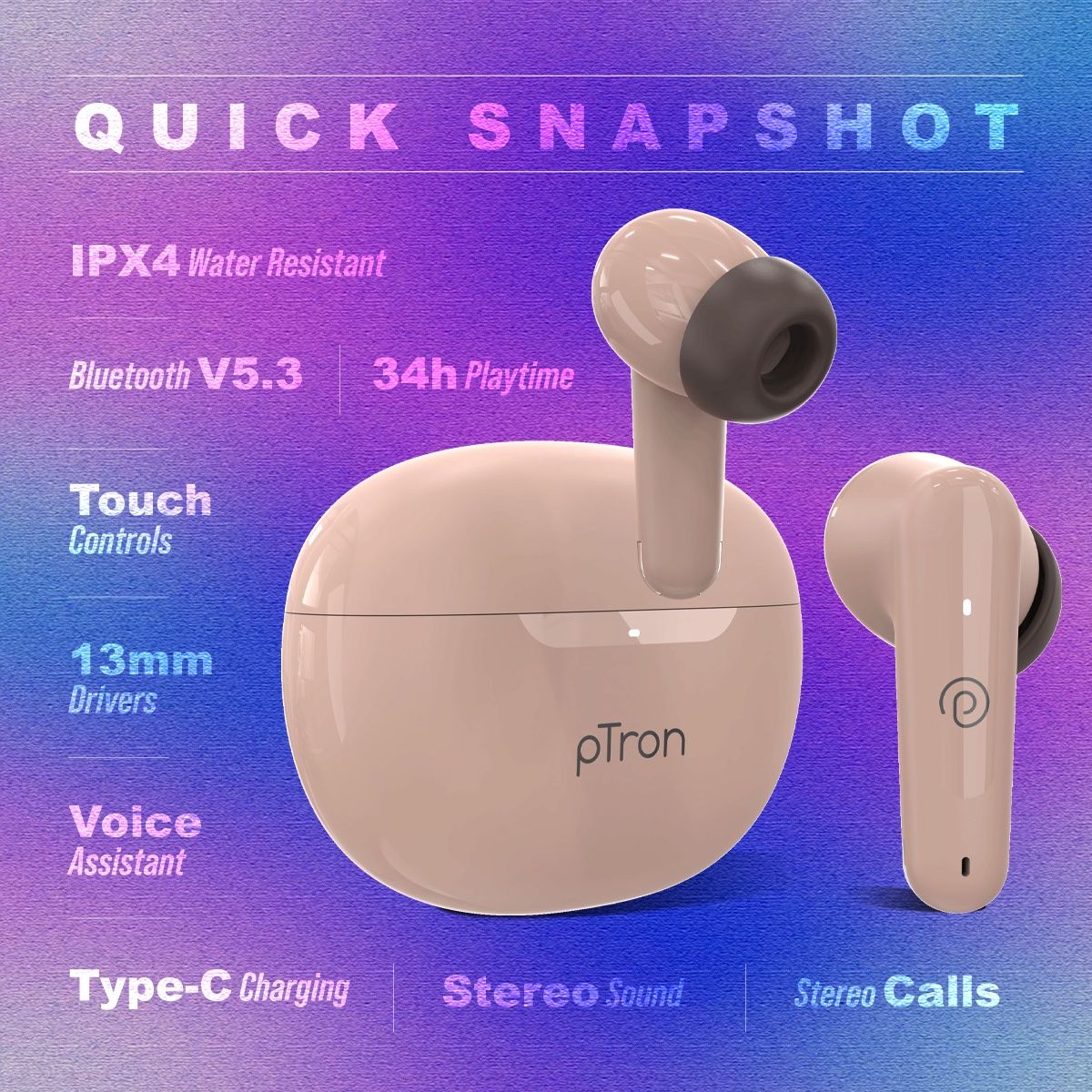 pTron Basspods Mojo TWS Earbuds | 34H Playtime | Clear Calls | Immersive Sound & Voice Assist - Brown