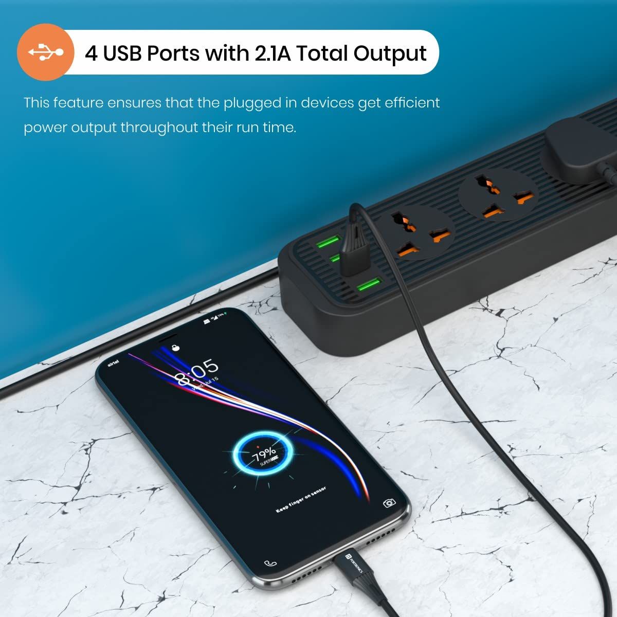 Portronics Power Plate 6 With 4 Usb Port + 5 Power Sockets Power Converter - Black