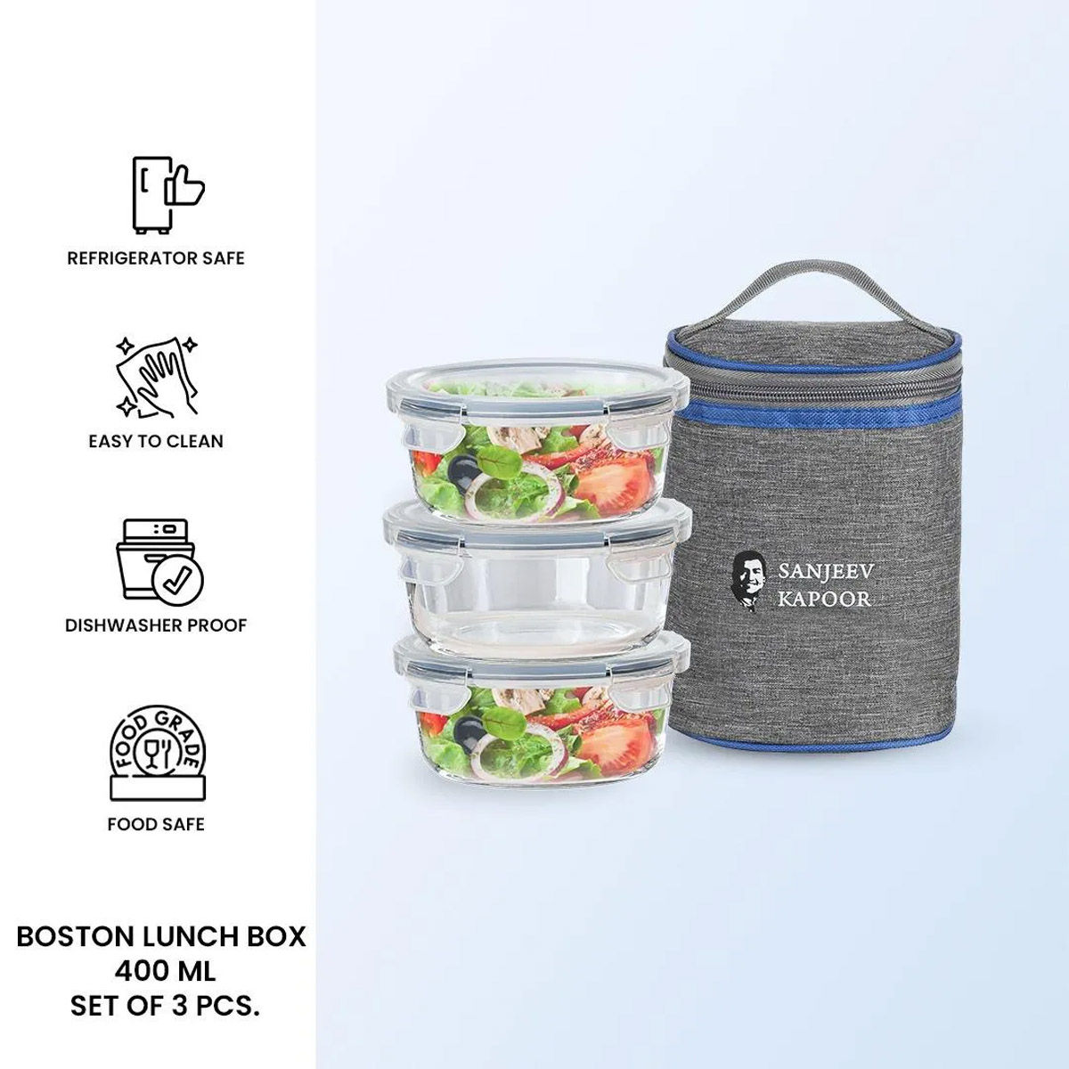 Sanjeev Kapoor Boston Round Lunch Box 3 x 400 Ml - Set Of 3 Pcs With Bag - Assorted