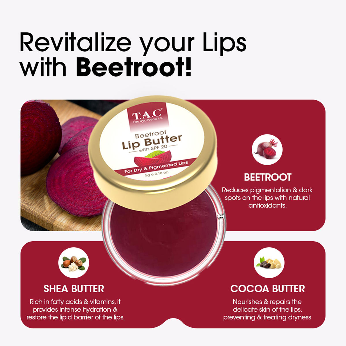 TAC Beetroot Lip Butter With SPF 20, Repairs Dry Lips & Reduces Pigmentation