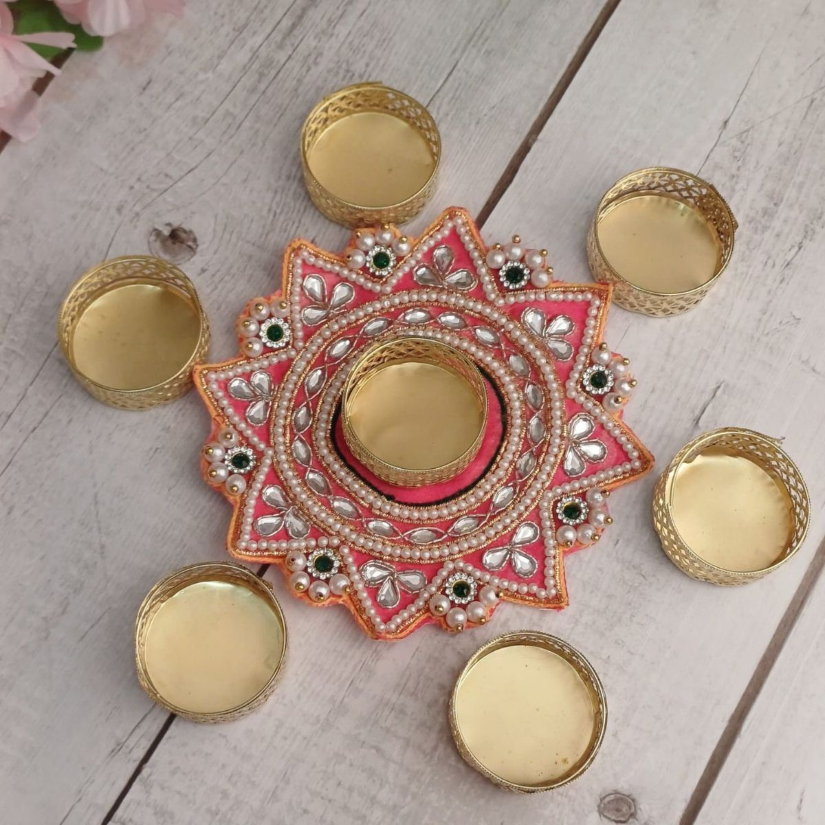Mirror Work Flower Rangoli T-Light Holders Assorted for Mother's Day Gifting