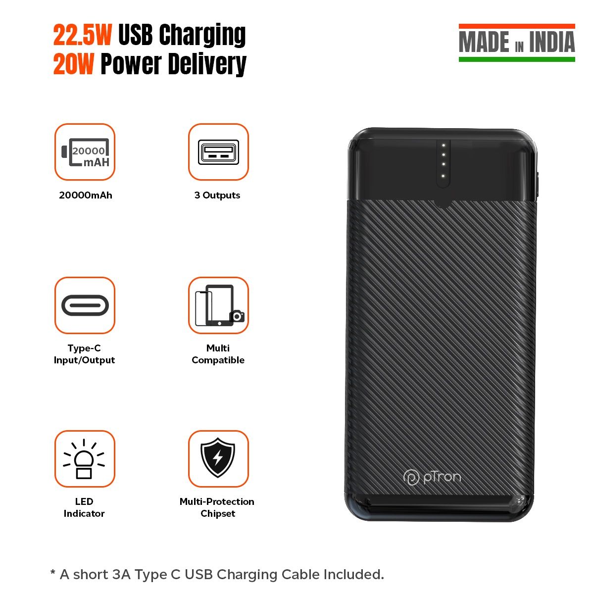 pTron Dynamo Surge 20000mAh 22.5W Power Bank | VOOC/Wrap/Dash Charging | 20W Type-C Charging - Black