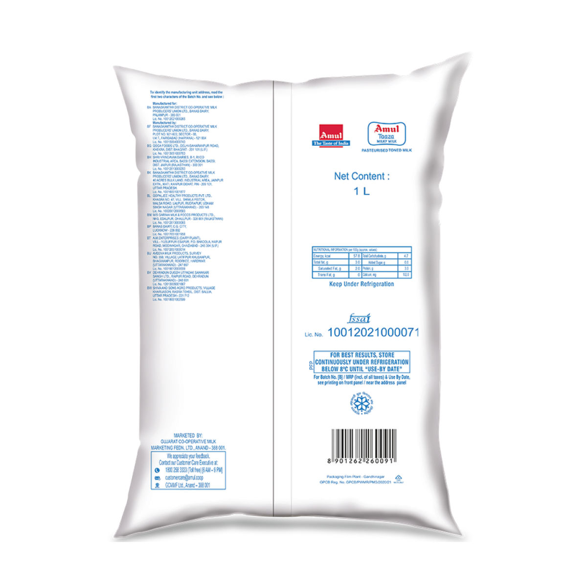 Amul Taaza Toned Fresh Milk (Pouch)