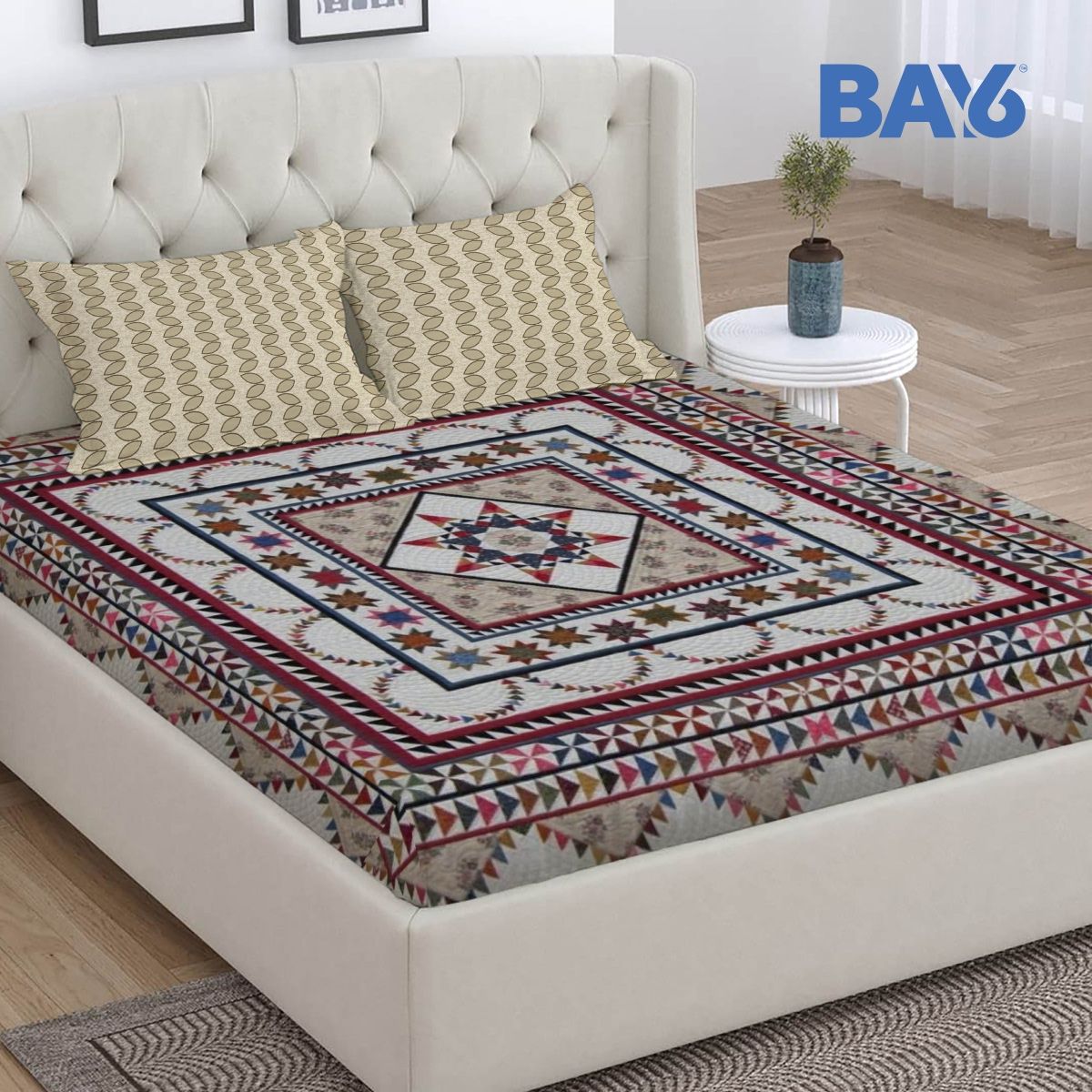 BAY6 Microfibre Jaipuri Print Double Bedsheet - Beige (220 x 240 cm) + Two Pillow Covers