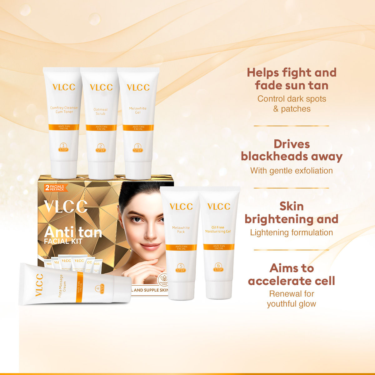 Vlcc Anti Tan Single Facial Kit(60gms) & Vlcc Insta Glow Diamond Bleach(60gms) Combo