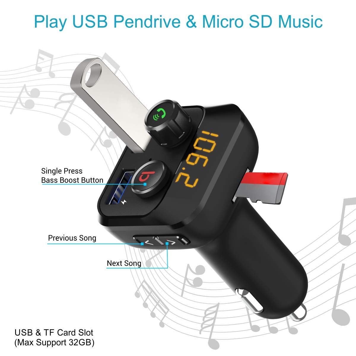 Portronics AUTO 10 POR 320,Bluetooth FM Transmitter in-Car Radio Adapter Hands-Free Calling(Black