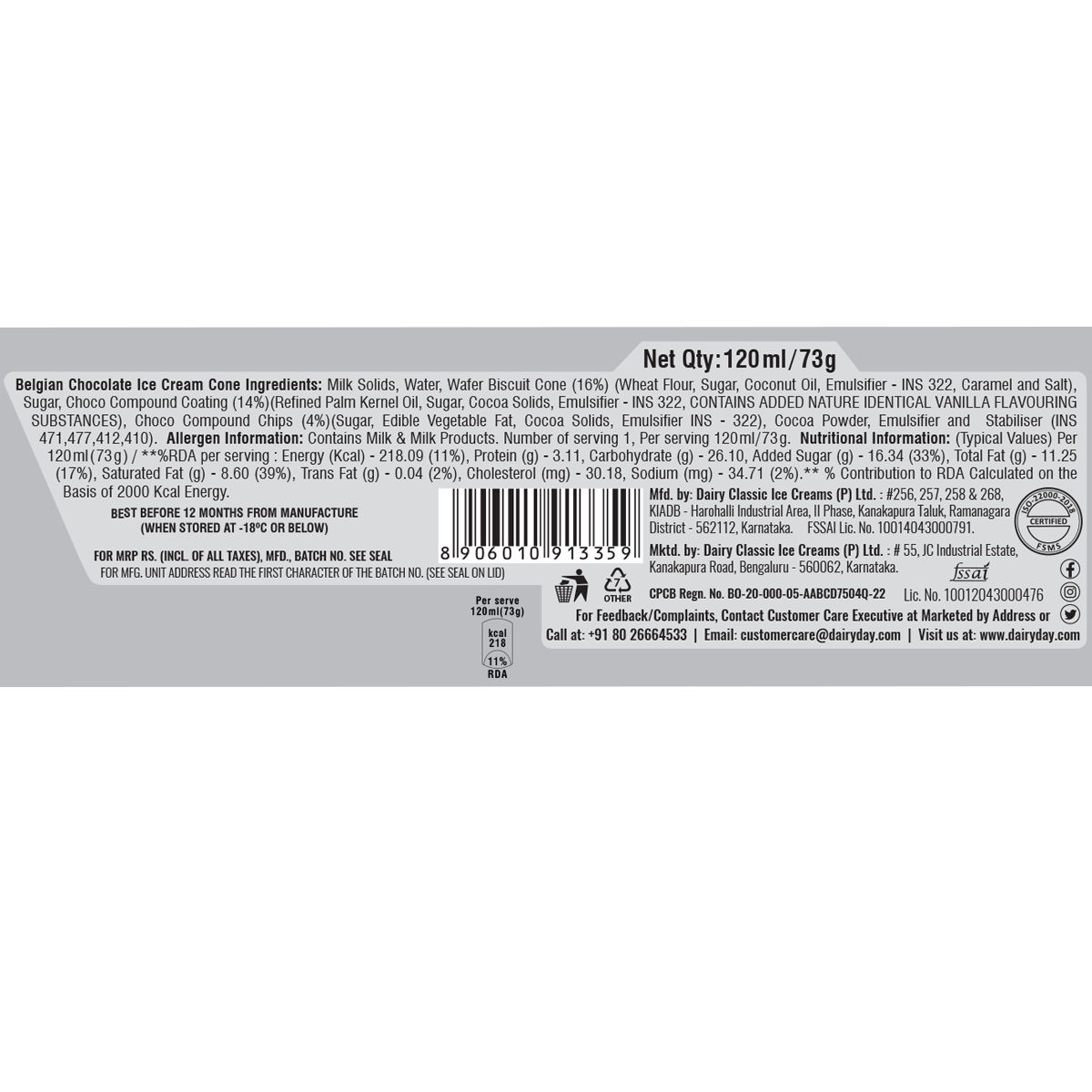 Dairy Day Belgian Chocolate Ice Cream Cone 120 ml Combo