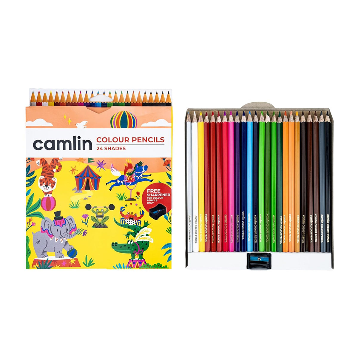 Camlin Colour Pencils Assorted Pack Of 24 Shades With Sharpener, Full Size