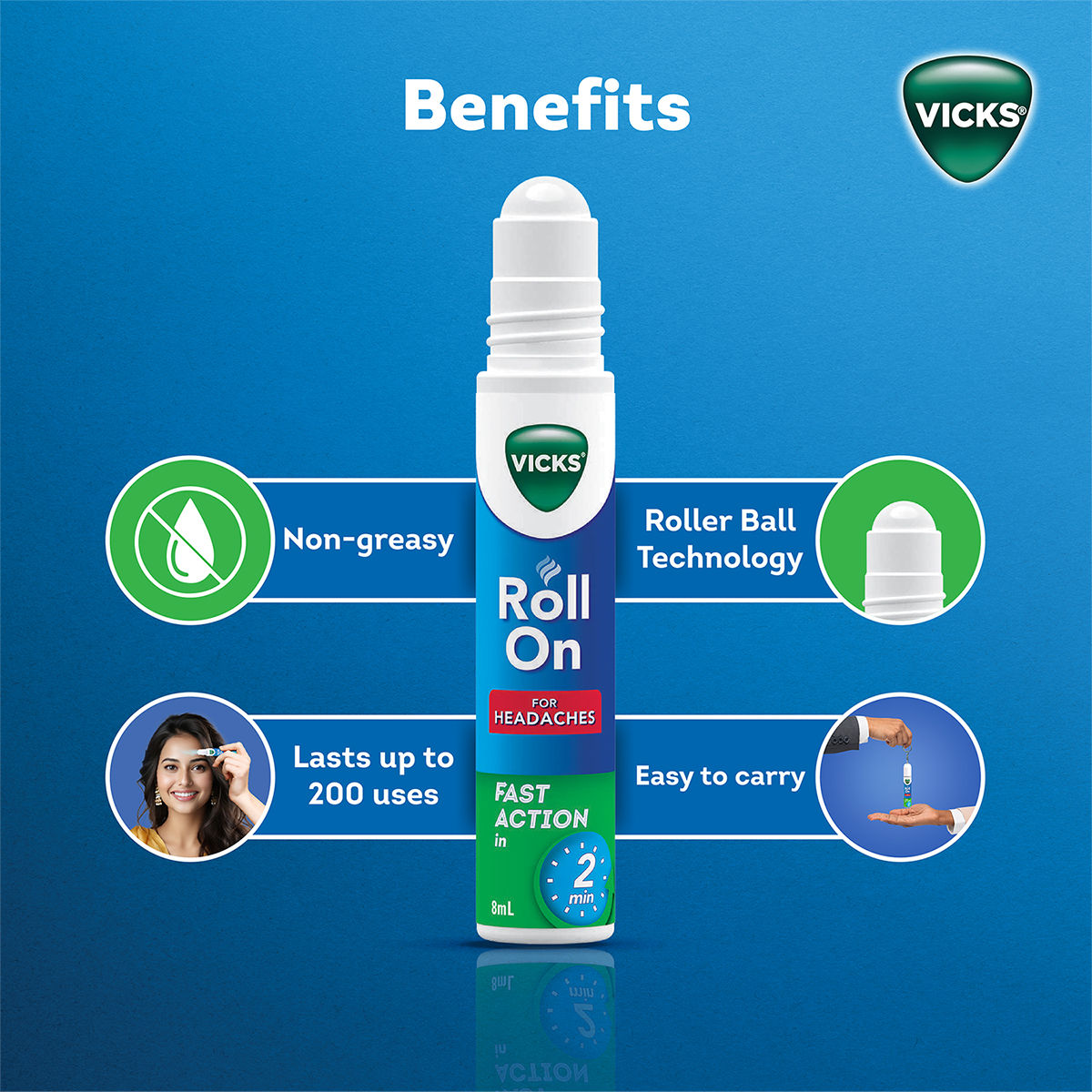 Vicks Headache Relief Roll-On with Keychain - Fast Action