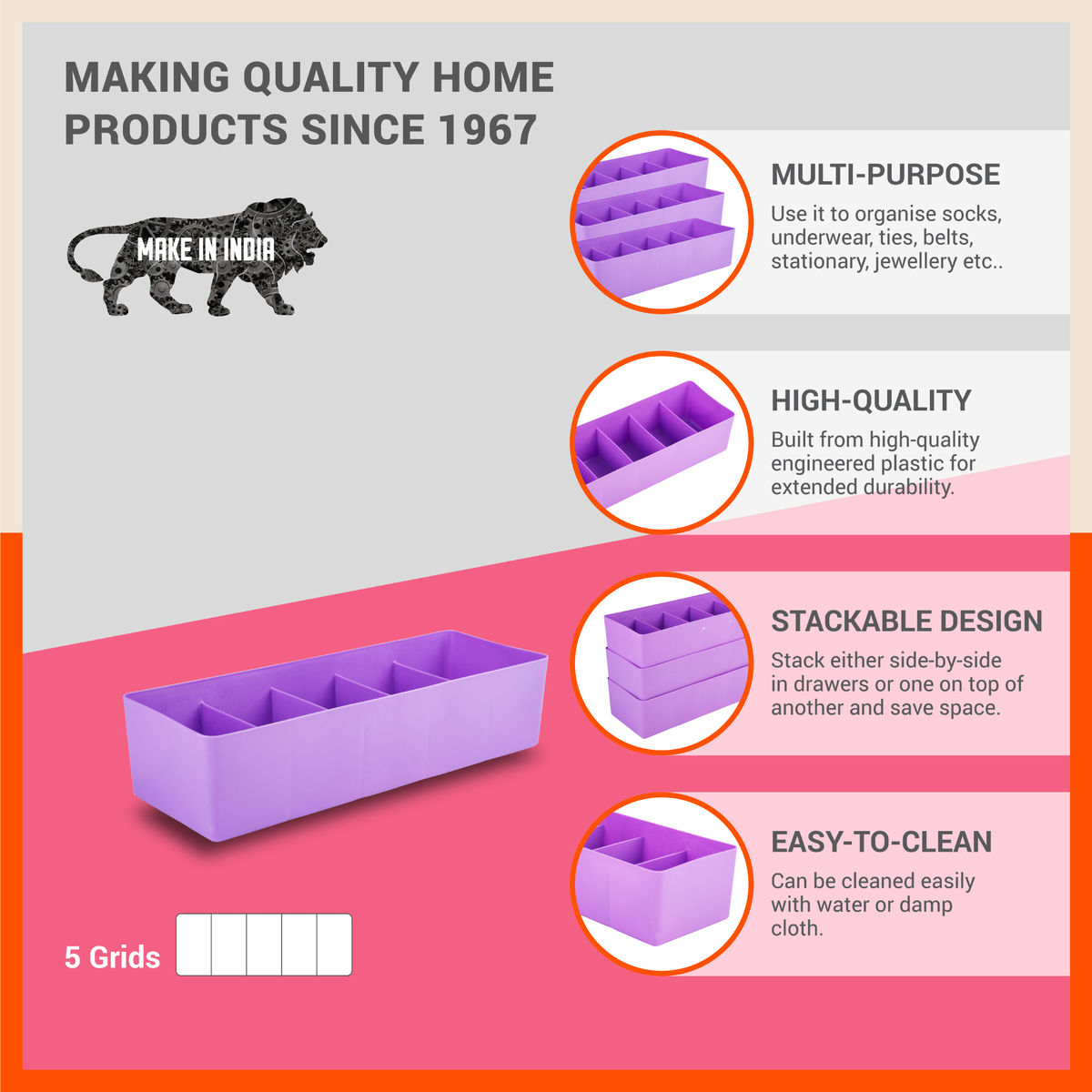 Bathla Set of 4 Drawer Organiser - Multi-purpose, Stackable, 5 Grids - DORI | Lavender