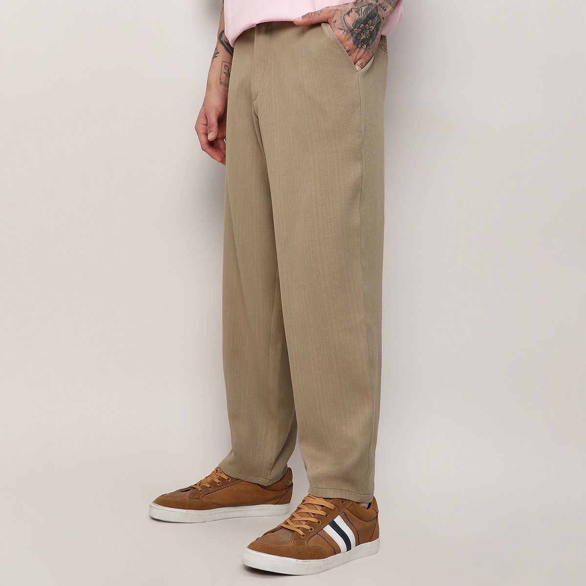 Campus Sutra Men's Solid Tailored Trousers | Beige - 30