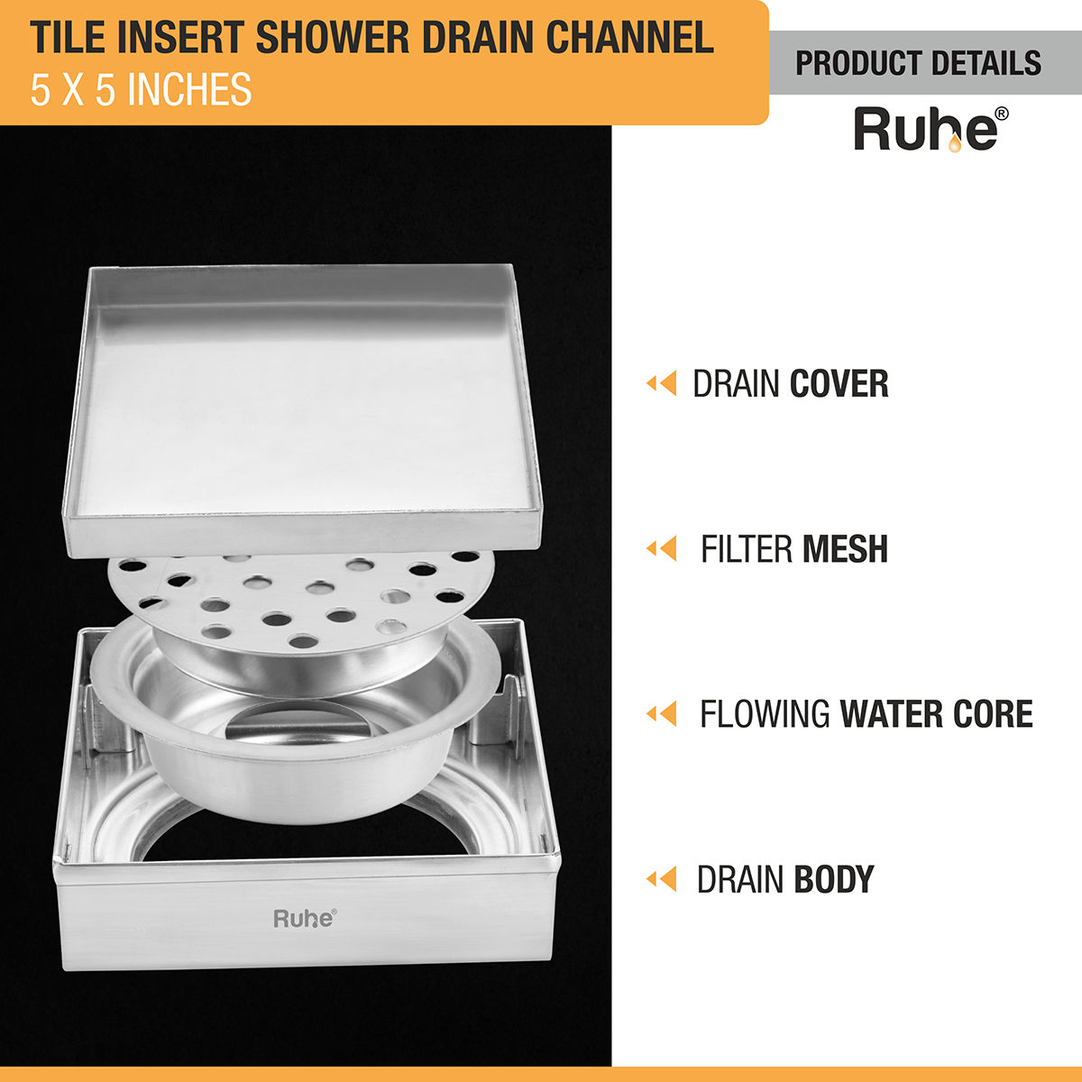Ruhe Tile Insert Shower Drain Channel (5 x 5 Inches) with Cockroach Trap (304 Grade)