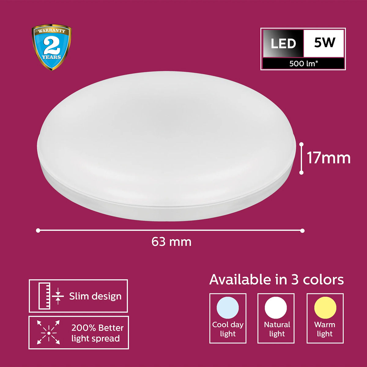 Philips Rimless Full Glow 5-Watt Round Led Surface Downlighter| Warm White