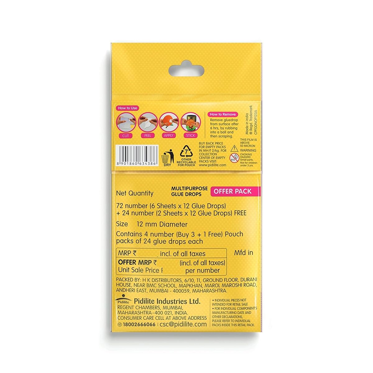 Fevicol Glue Drops For Instant And Non Messy, Easy To Use Just Peel, Apply Stick 3+1 Free 96 Drops